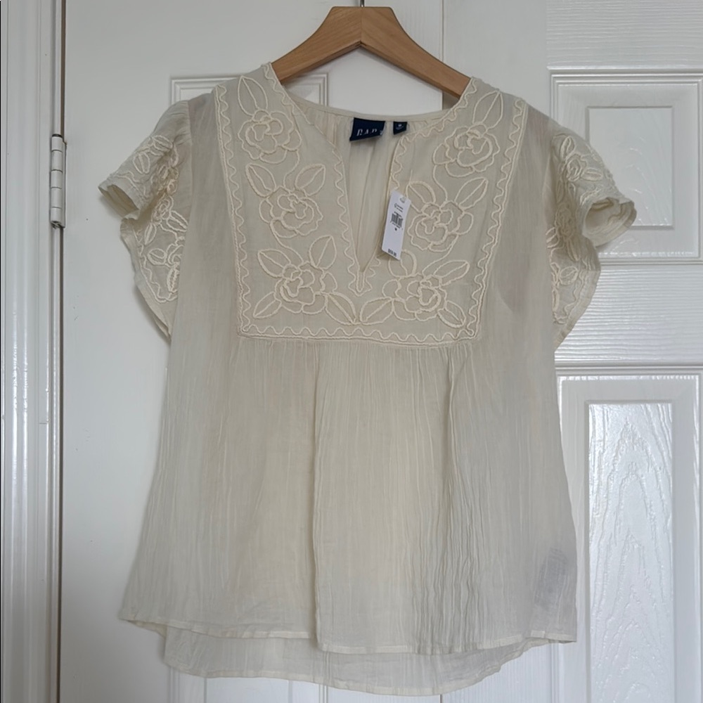 GAP Cream Blouse with Bib Collar and Cap Sleeves